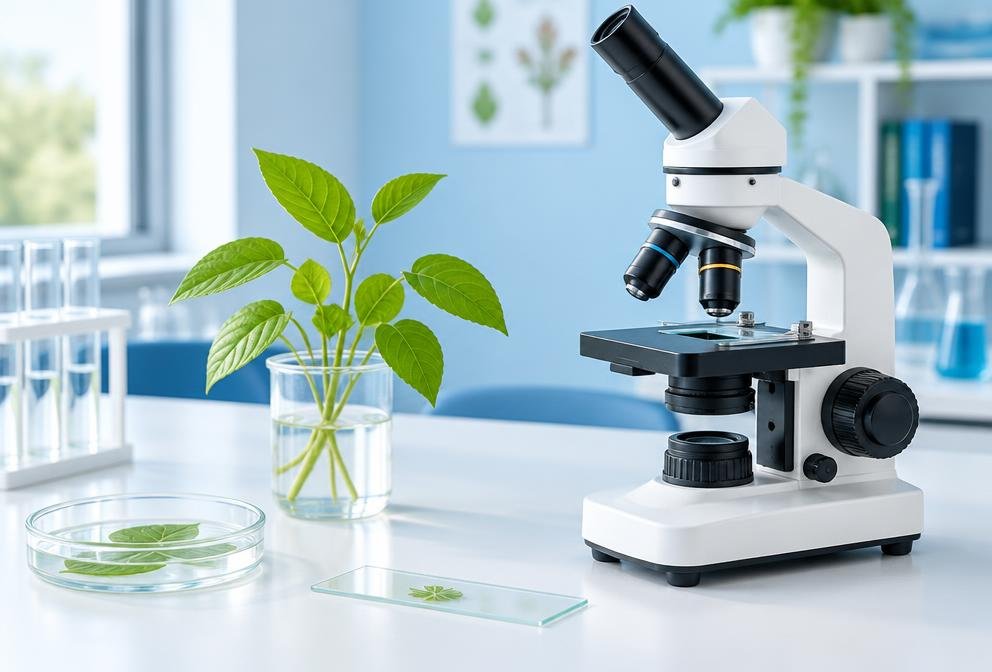Microscope and plant specimens for biology study