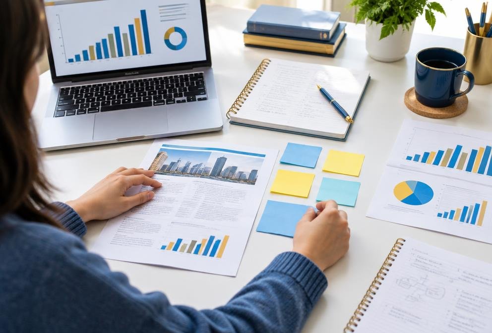 Student reviewing a business case study and charts
