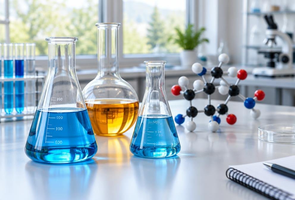 Chemistry glassware and a molecular model in a laboratory