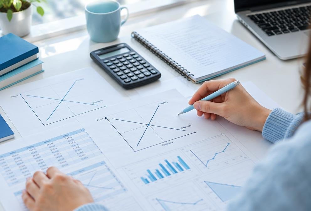 Student analysing economics graphs and data
