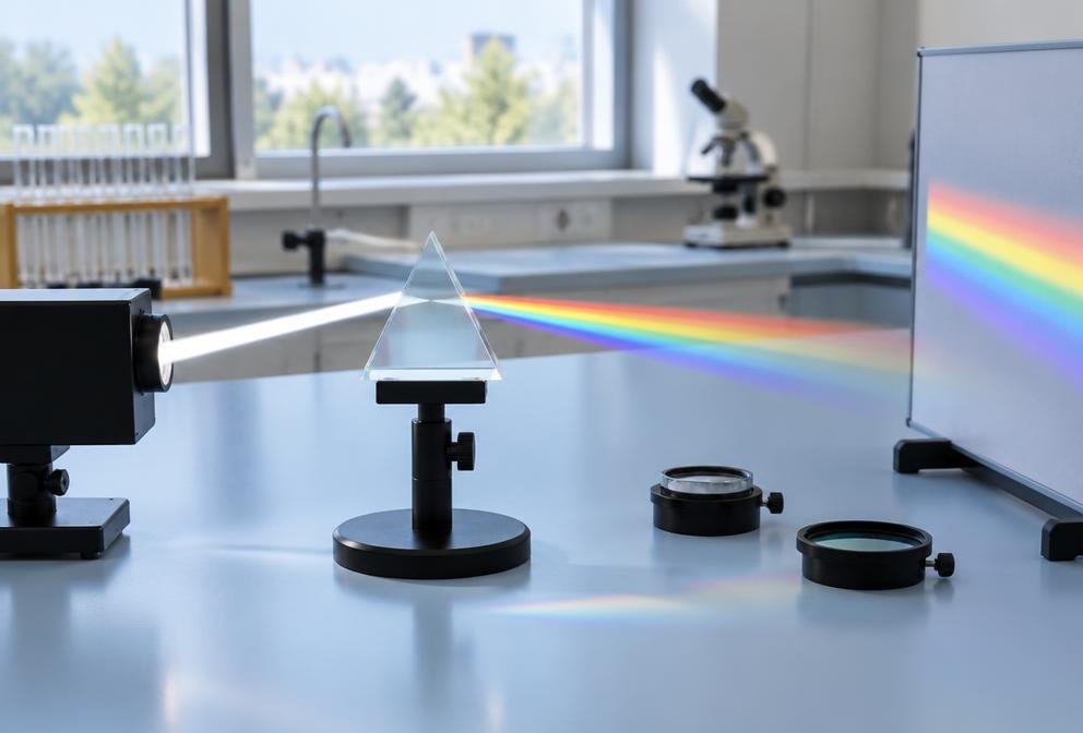 Prism and light experiment in a physics laboratory
